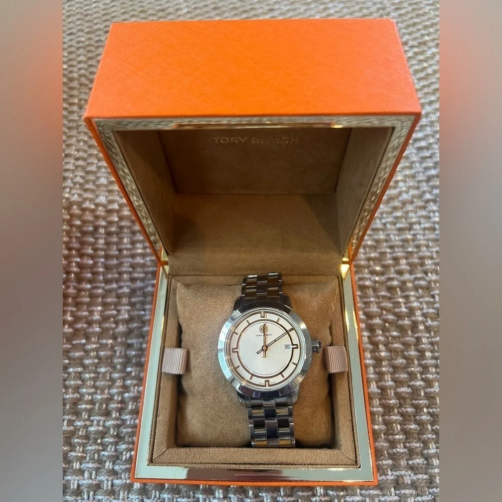 Tory Burch cream dial two tone date steel quartz women’s watch jewelry TRB1014
